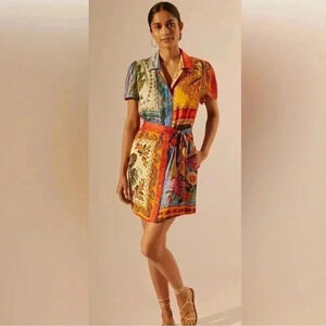 Farm Rio Anthropologie Printed Shirt Mini Dress Button Up Collared Short Sleeve